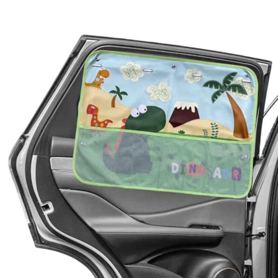 Car Window Shade, Foldable Blackout Auto Sunshade Curtain with Storage Net Pockets and 7 Suction Cups, Cute Cartoon Vehicle Sid