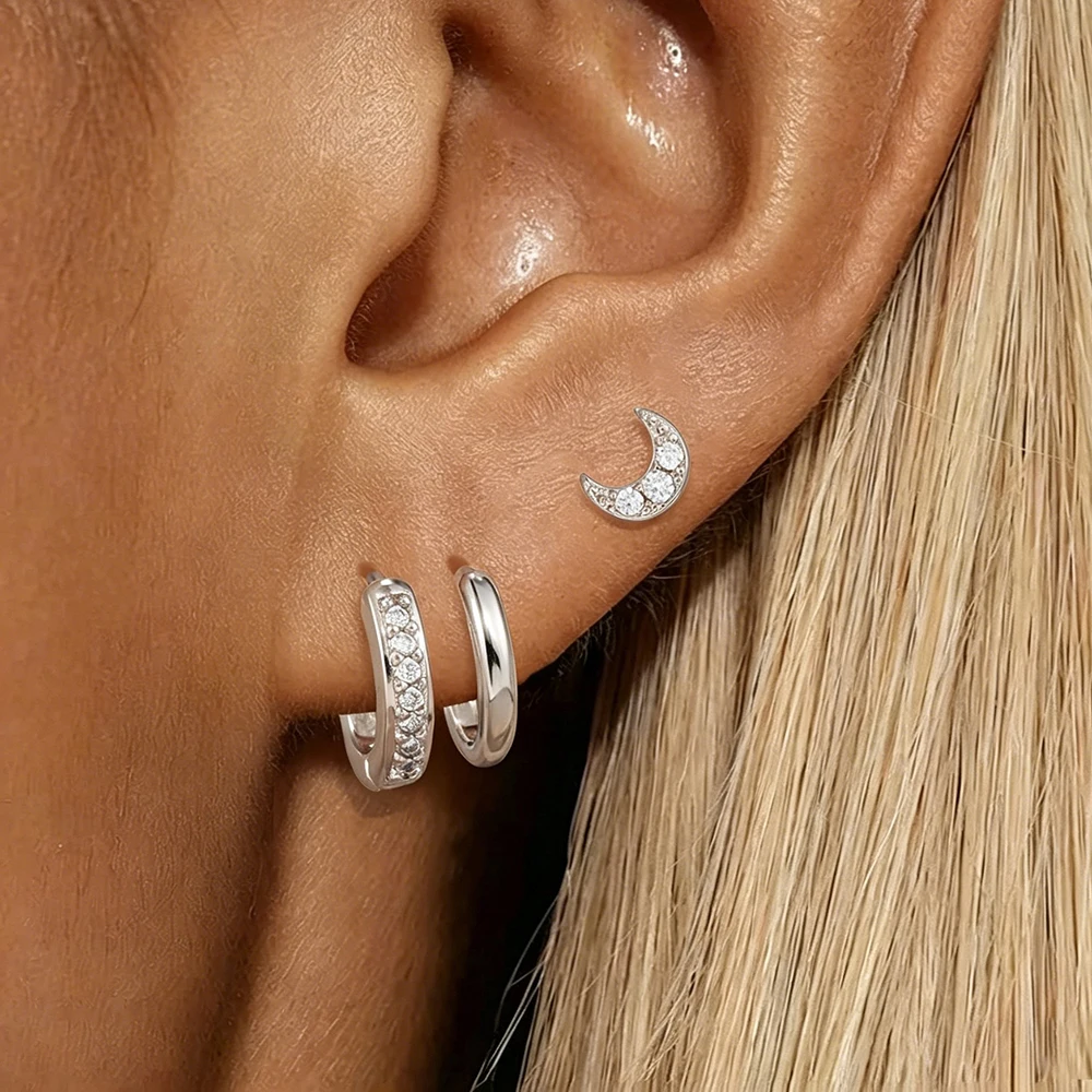 3PCS/6PCS Simple Stainless Steel Crystal Zirconia Hoop Earring Set For Women Small Delicate Moon Stud Earring Party Jewelry Gift