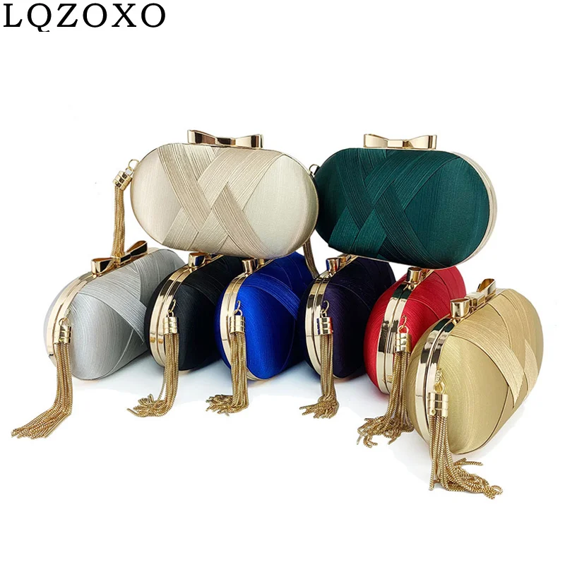 Bolso de mano de Metal con borlas para mujer, bandolera cruzada con cadena, bolso de noche para fiesta, de satén