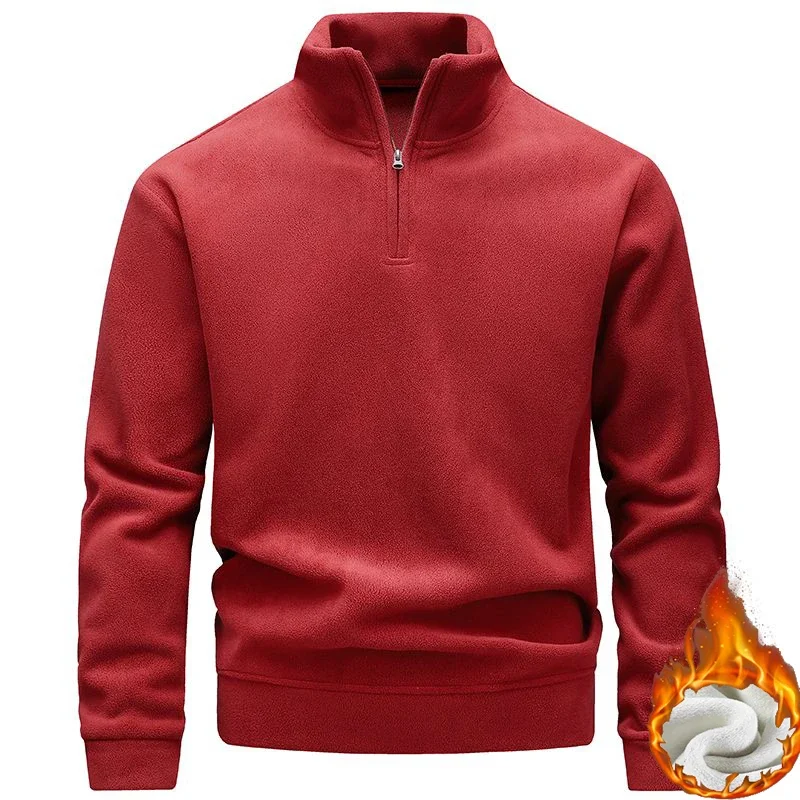 Men Solid Color Half Zip Stand Collar Sweatshirt Double-Sided Fleece Pullover Male Business Casual Thickened Warm Fleece Tops