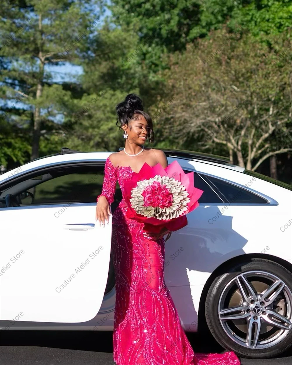 Luxury Hot Pink Off The Shoulder Beaded Evening Dresses 2024 African Glitter Crystal Mexican Wedding Engagement Gown Customized