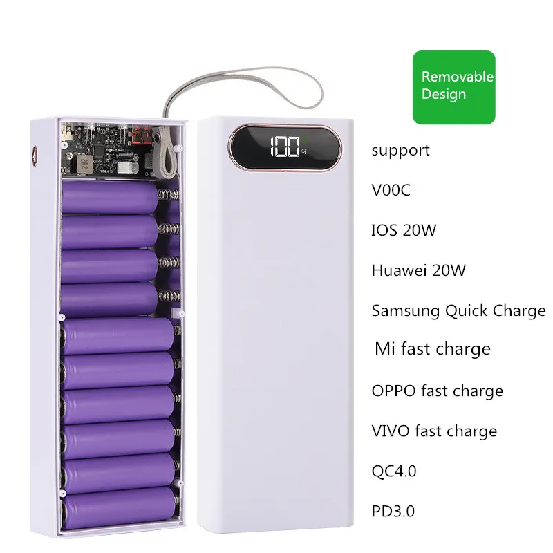 20*18650 Battery Storage Box 22.5W QC3.0 Support Quick Charge For Phones Charging With LED Lighting Detachable Power Bank Case