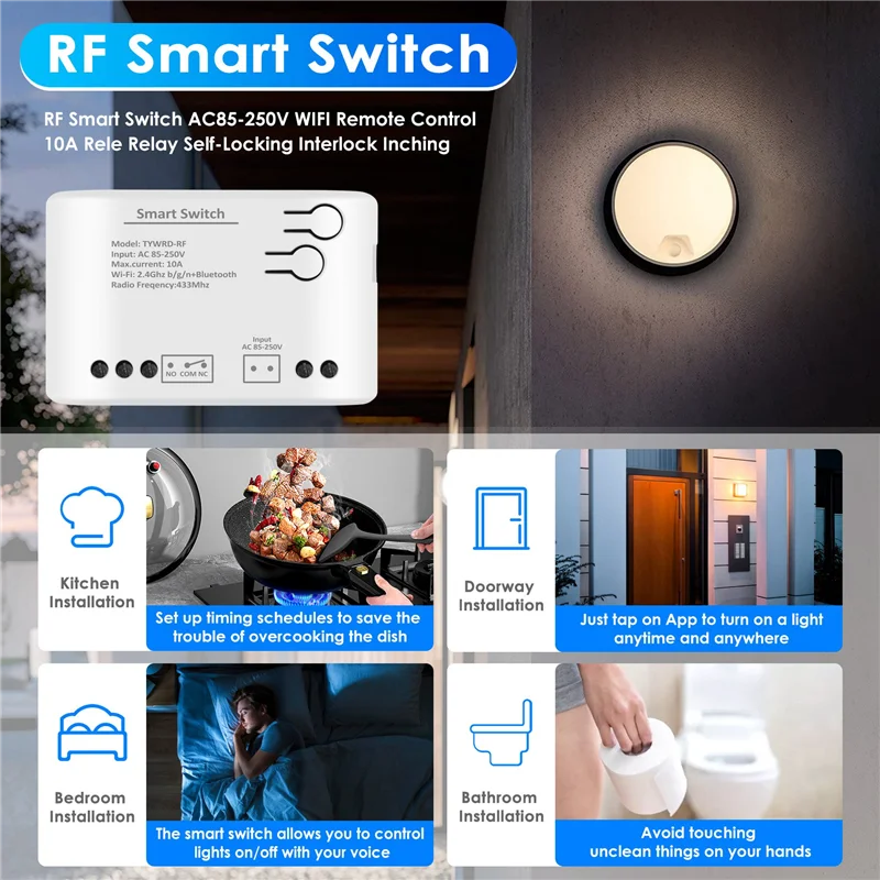 Y22A-1CH RF Smart Switch AC85-250V WIFI Tuya Remote Control 433 Saklar Lampu 10A Rele Relay Self-Locking Interlock Inching