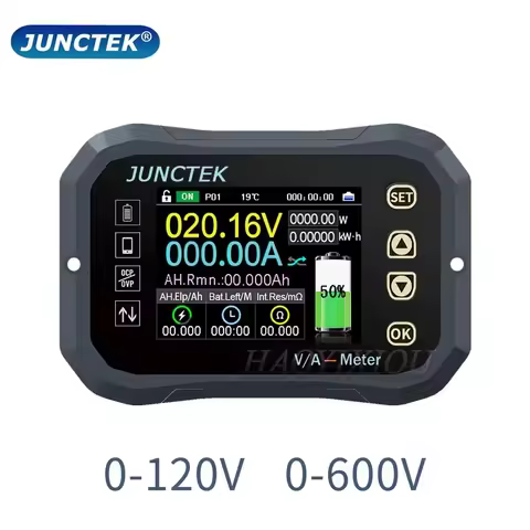 JUNTEK KG160F Battery Monitor DC 0-120V 600A Battery Tester Voltage Current VA Meter Battery Coulomb Meter Capacity Indicator