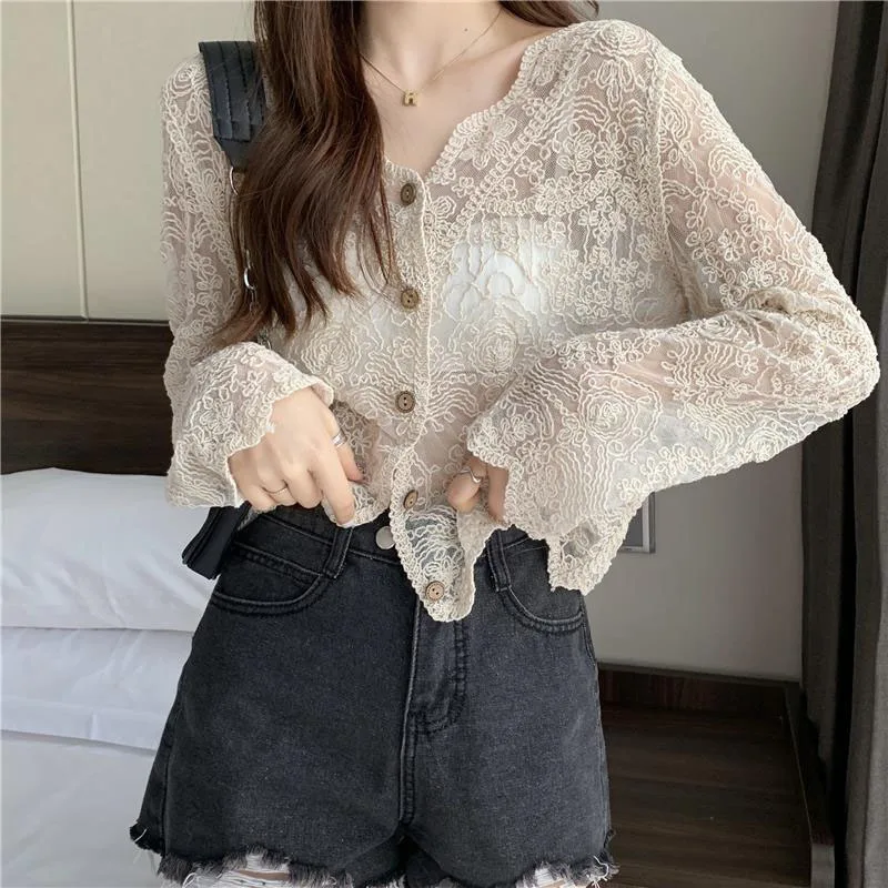 Xpqbb Retro Hook Flower Hollow Out Women Blouse Elegant Lace Long Sleeve V-neck Shirts Woman Button Up Thin Sun Protection Tops