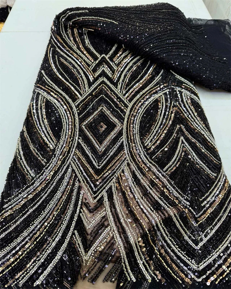

African Handmade Sequins Net Pearls Lace Fabric French Heavy Beaded Tulle Lace Fabric For Bridal Party Dress Material