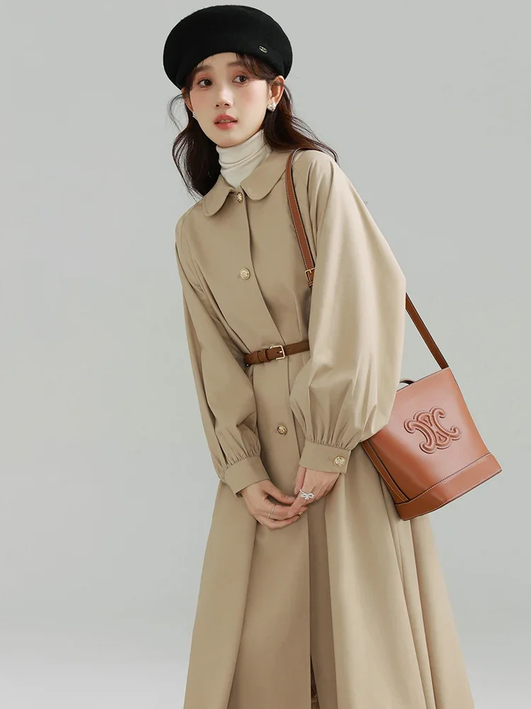 

Women Korean Style Vintage Trench Coats Solid Color Simple Breasted Turn-down Collar Long Trench Coat Relaxed Fit Autumn Winter