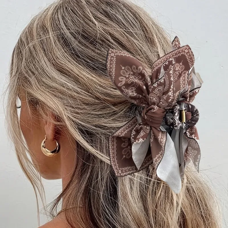 Bohemian Paisley Bow Hair Claw Clips, Minimalist Print Scarf