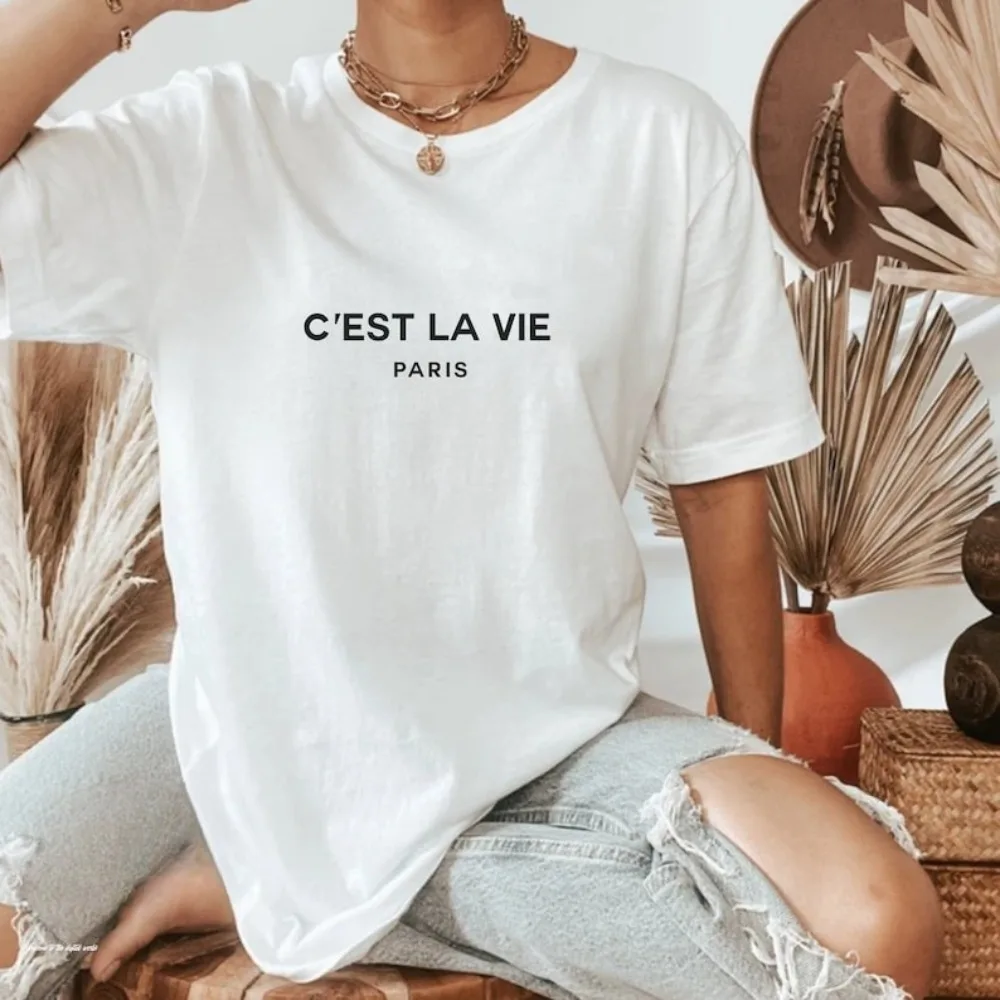 

C'est La Vie Paris T-Shirt Gift for Paris Lover Tshirt Tourist Souvenirs of France Tee Tops Women Crewneck Cotton Short Sleeve