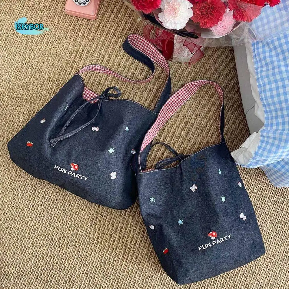 

Simple Cloth Double Sided Plaid Bag Cartoon Dog Retro Denim Shoulder Bag Geometric Large Capacity Bohemian Messenger Bag Outdoor