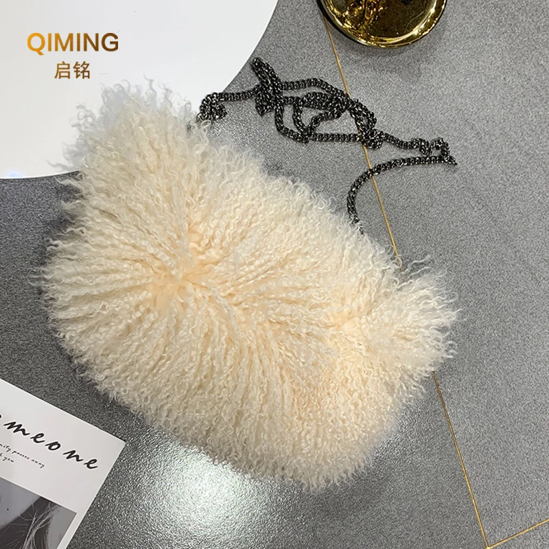Real Lamb Beach Wool Fur Bag Plush Purses and Handbags Shoulder Bag Money Purse Furry Crossbody Bags For Women Luxury Handbag