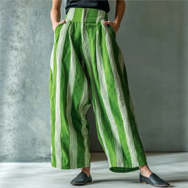 Pantalones Harem de Lino a Rayas para Mujer, de Cintura Alta, Plisados, de Pierna Ancha, Estilo Bohemio Casual, Pantalones Palazzo Holgados