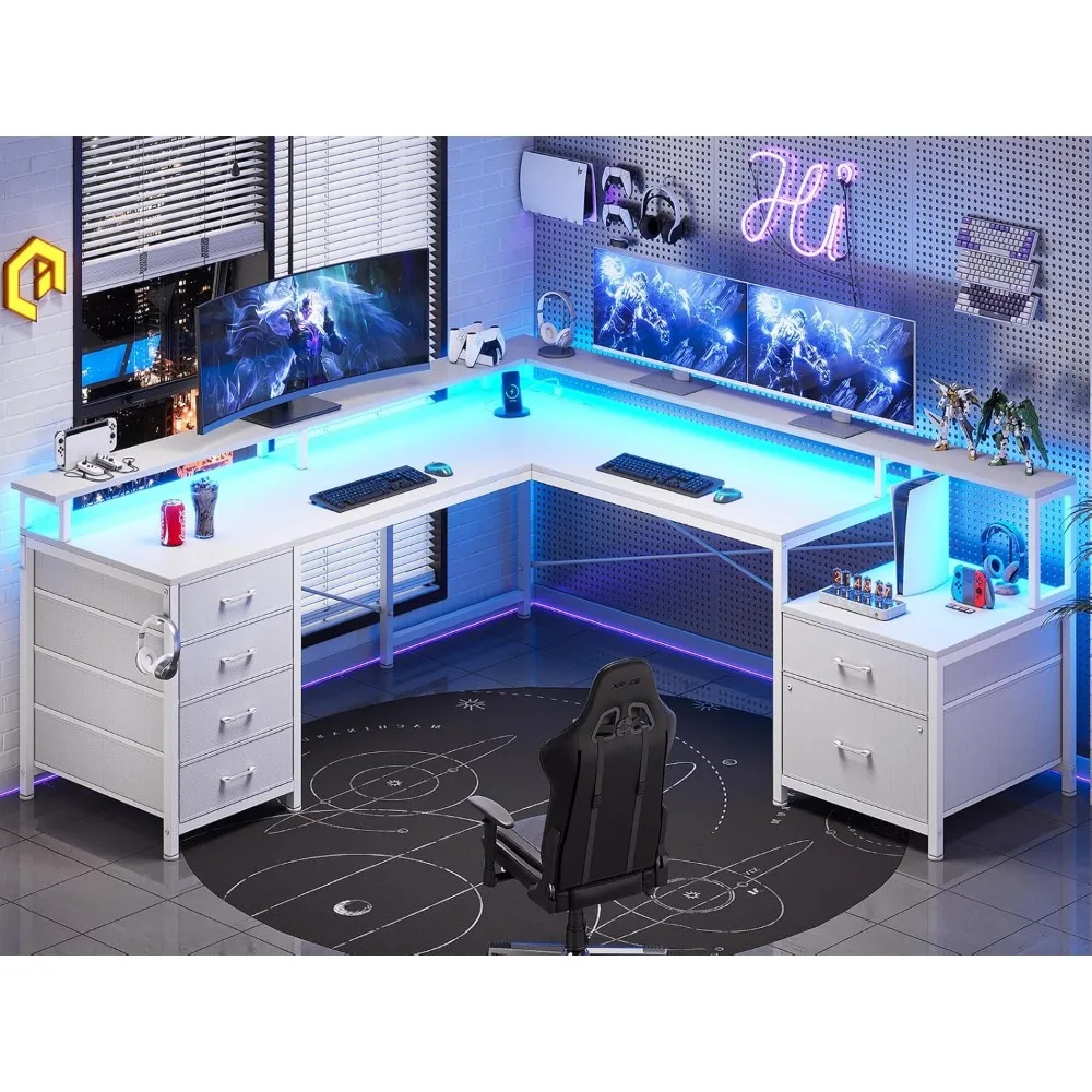 

L Shaped Desk with 6 Drawer, 108" Home Office Desk with File Drawer & Power Outlet, Corner Computer Desk with Monitor Shelf, Fi