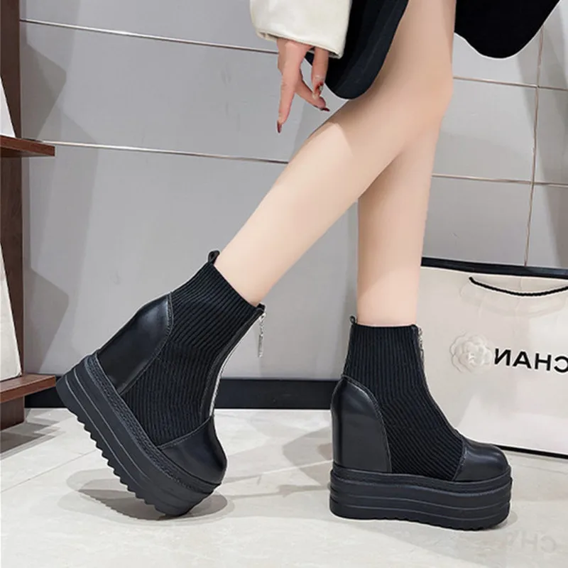Women's High Heels Wedges Ankle Boots Waterproof Platform Thick-soled Autumn Fashion Knit Stitching Height Inside Ladies Booties - view 3