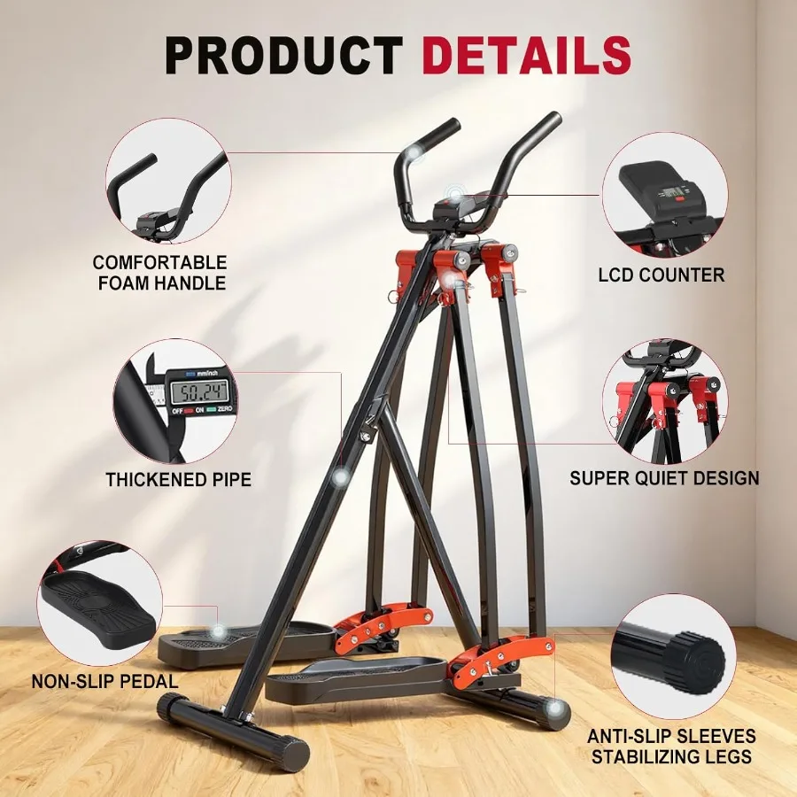 آلة تمرين المشاية الفضائية - مدرب بيضاوي الشكل للاستخدام المنزلي، معدات تمارين الجسم بالكامل مع شاشة LCD قابلة للطي