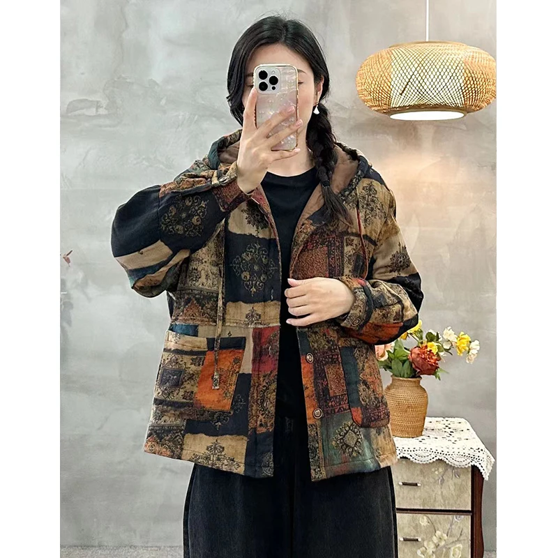 Masss Wasss Coreano Inverno 2025 Stampato Con Cappuccio Caldo Parka Donna Vintage Per Il Tempo Libero Classico Trapuntato Jeackets Addensare Cappotti di Moda