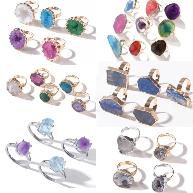 Кольцо с разноцветным агатом, друзой, кианитом, необработанным лазуритом и лабрадоритом, с позолоченной кромкой, для женщин и мужчин