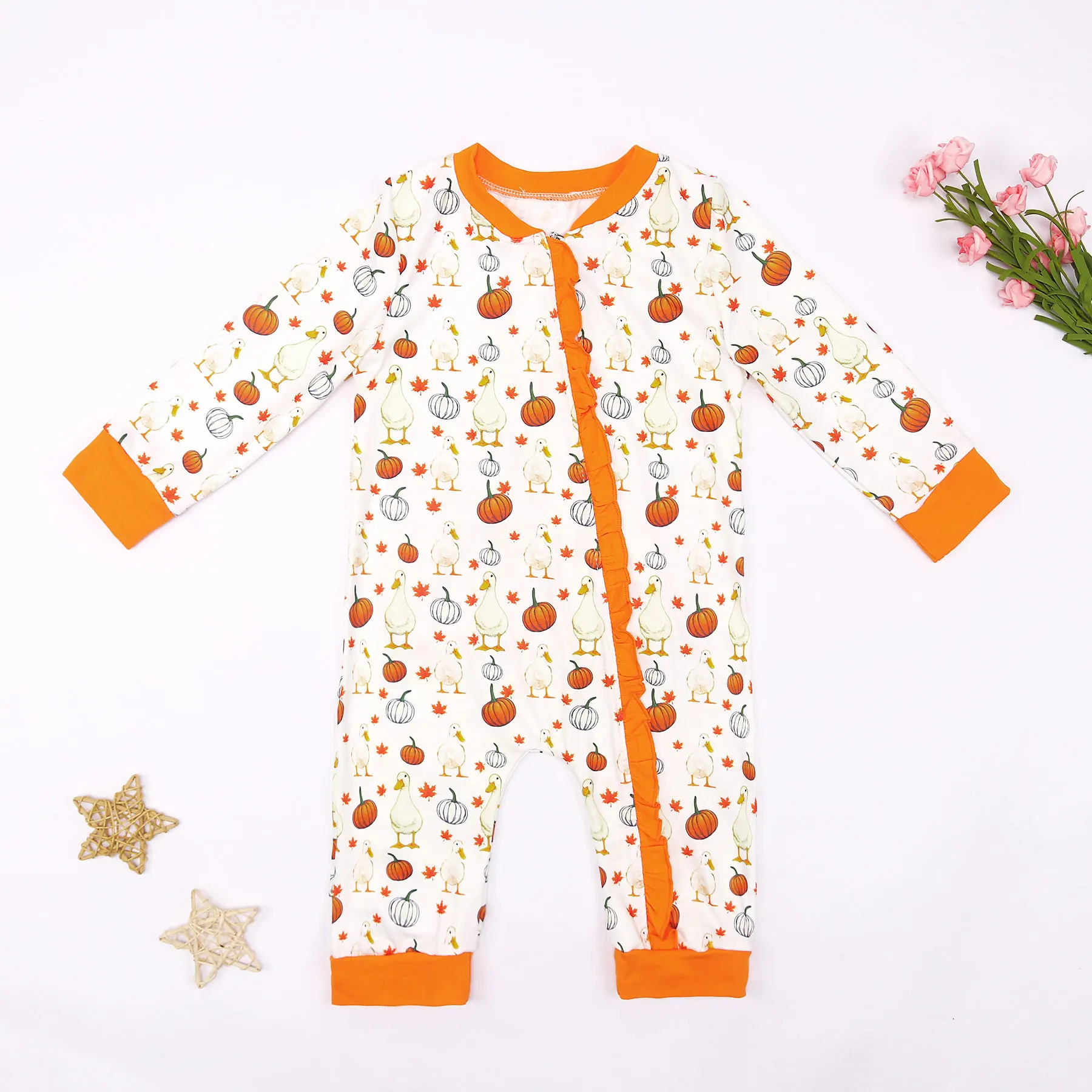 2023 New Baby Cotton Long Sleeve T-shirt Set Round Neck Pumpkin And Duck Prints Boy Orange Top Clothes And Suit Romper pajamas