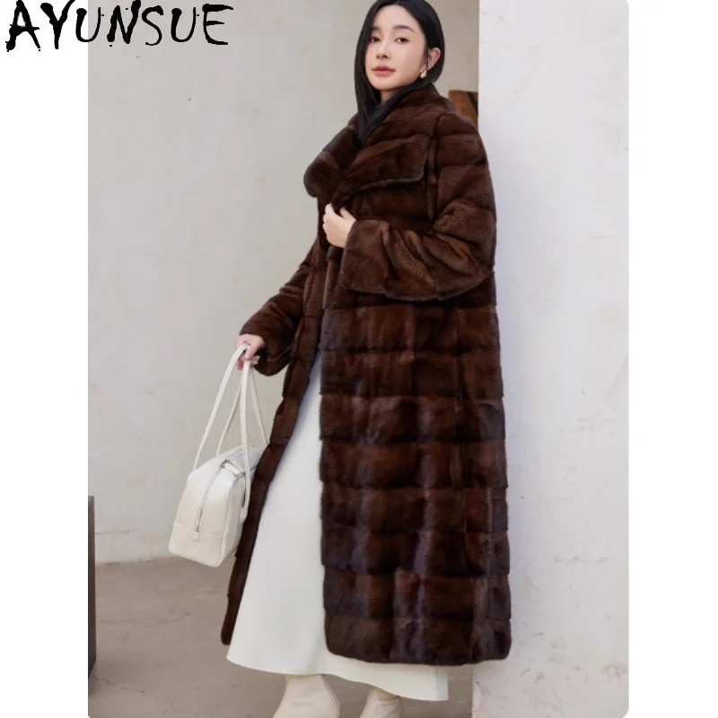 เสื้อโค้ทขนมิงค์แท้ AYUNSUE สำหรับผู้หญิง รุ่นใหม่ล่าสุด เสื้อโค้ทยาวสำหรับฤดูหนาว เสื้อผ้าแฟชั่นหรูหราสำหรับผู้หญิง เสื้อโค้ทขนสัตว์สำหรับผู้หญิง