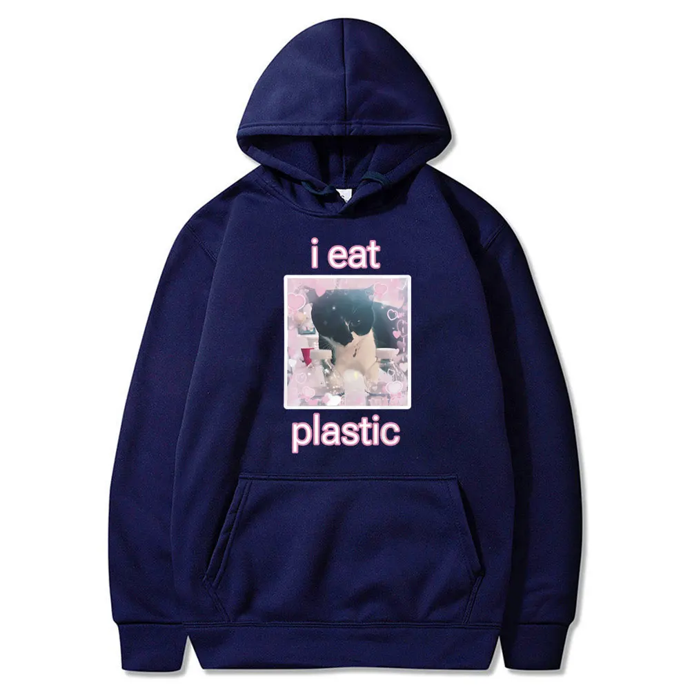 Funny I Eat Plastic Kawaii Cat Meme Graphic Hoodie Unisex Cat Lover Joke Humor Sweatshirts Men Women Oversized Casual Hoodies