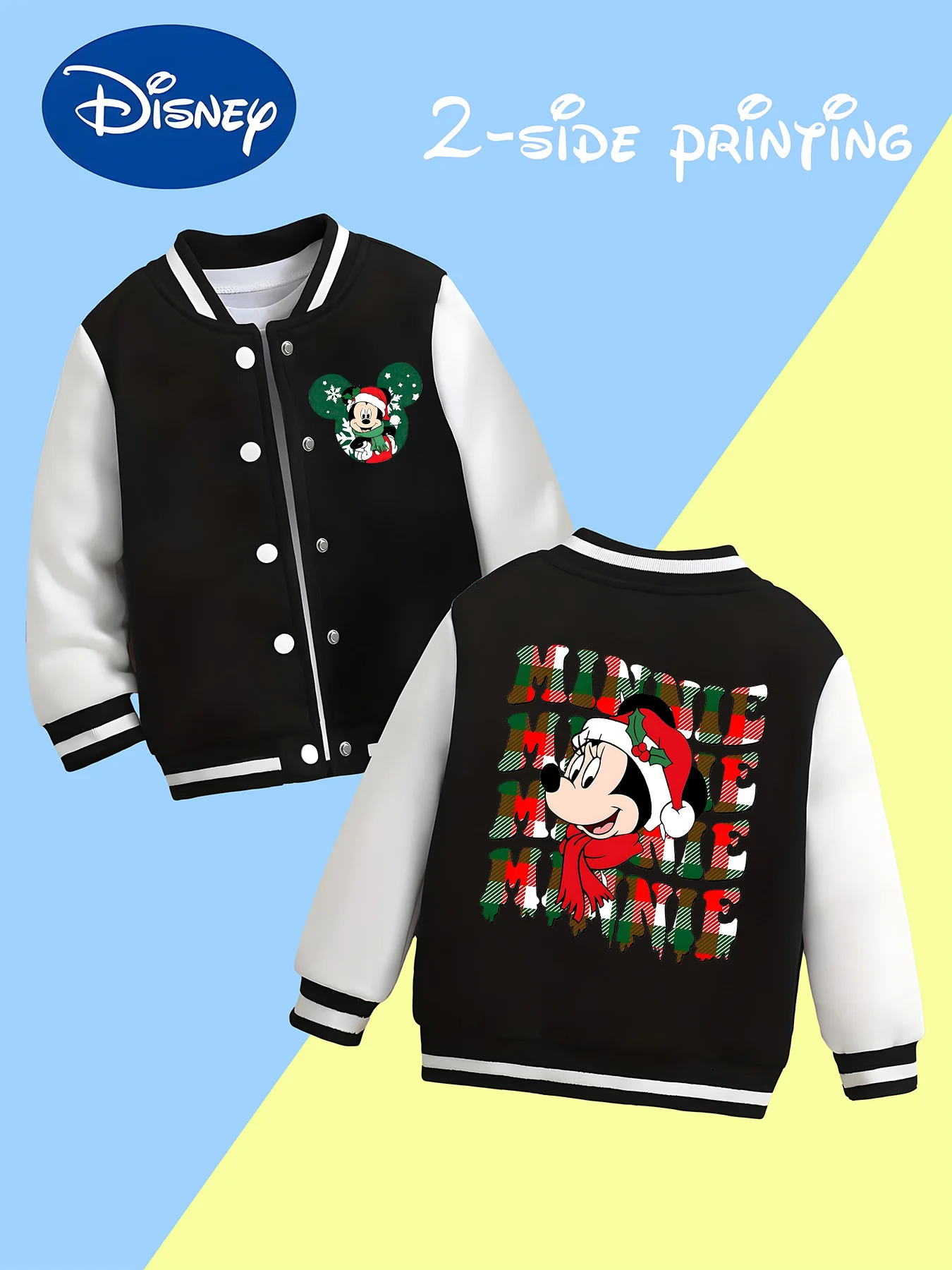 

MINISO Disney Boys' Baseball Jacket - Minnie Mouse Christmas Plaid Print, festive school look, versatile outerwear for toddlers