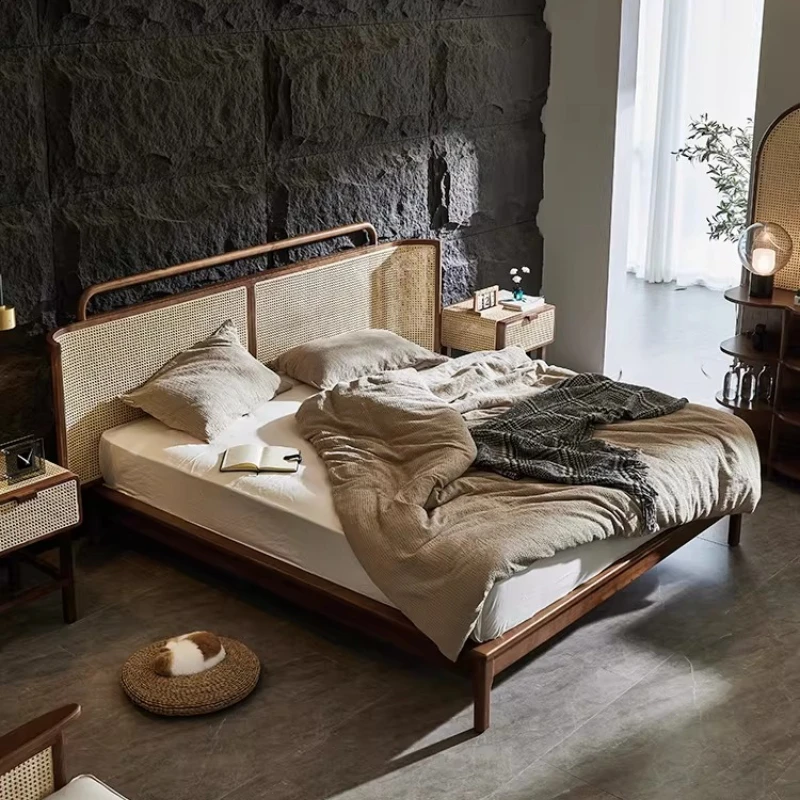 

Nordic rattan bed 1.8 meters bedroom queen bed B & B wabi sandy wind retro master bedroom rattan double solid wood