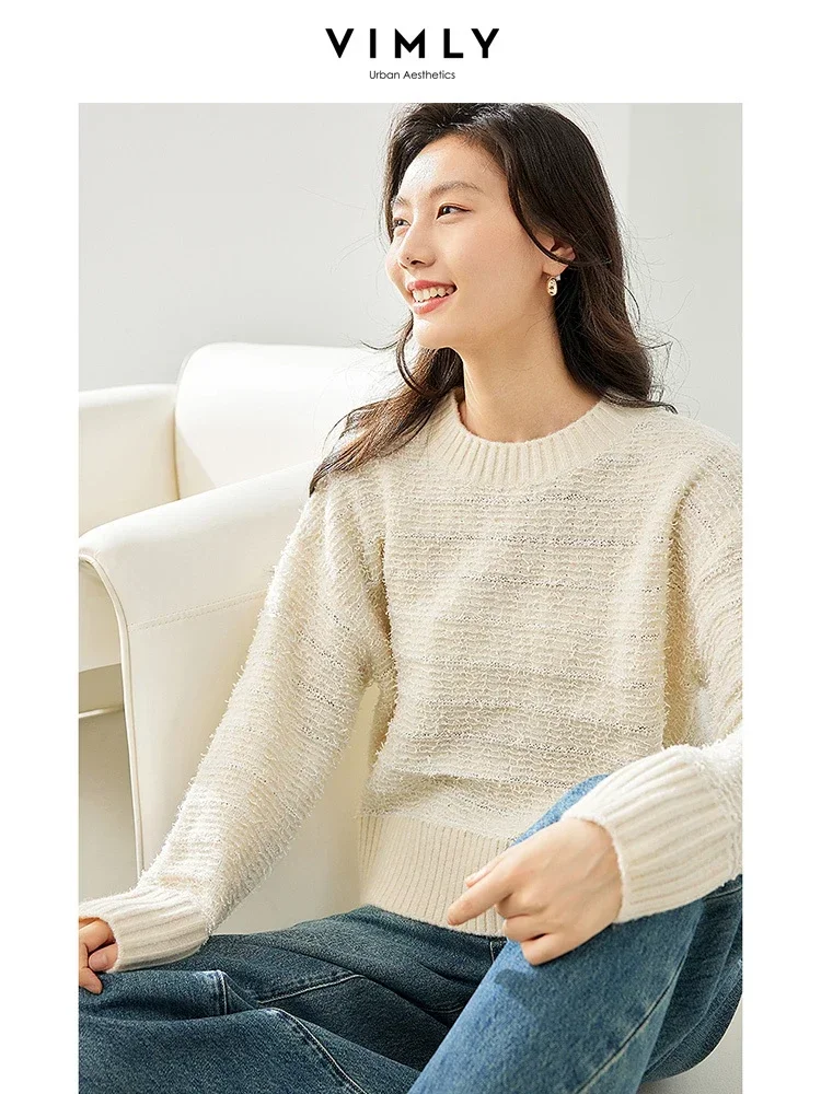 Vimly Apricot Striped Pullover Knitted Sweater Autumn O-neck Long Sleeve Tops for Woman 2023 Fall New Loose Knitwear Women 72269