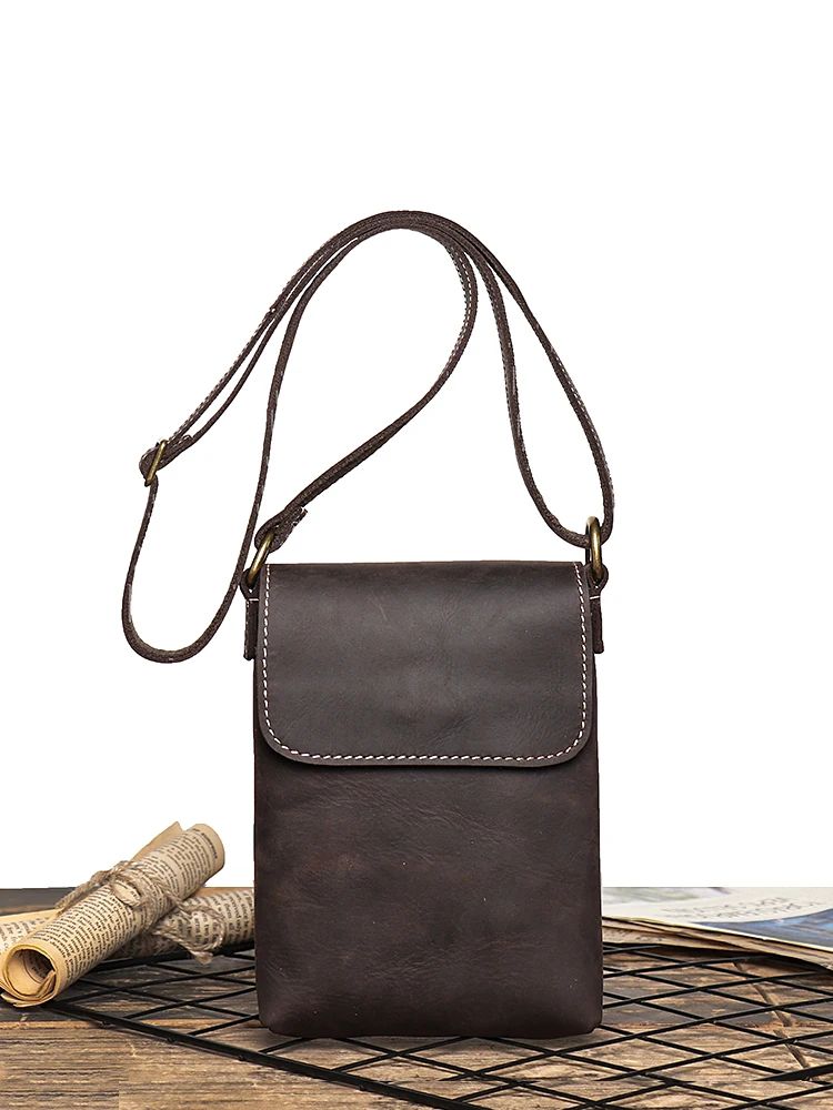 Retro Flip Schwarz Kleine Schulter Tasche für Männer Echtes Leder Sling Umhängetaschen Minderheit Design Mann Einfache Handy Tasche – Detail 5