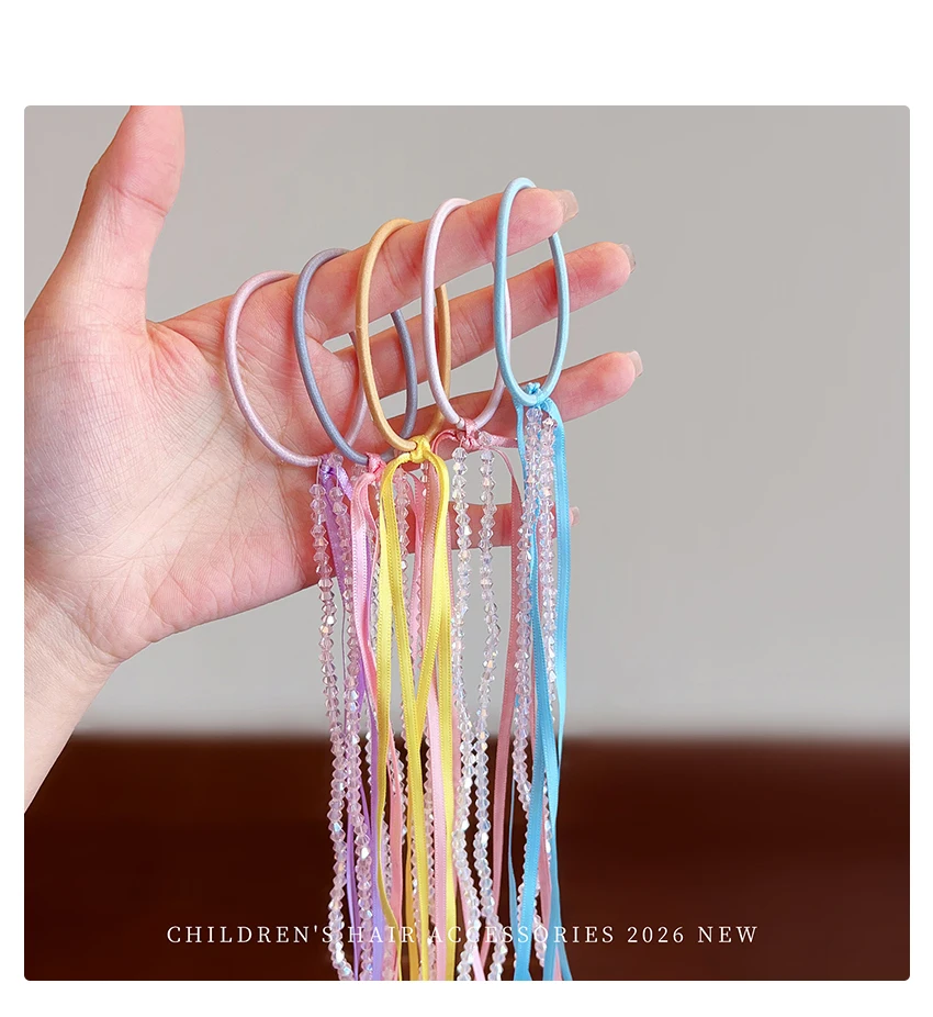 2026 Neue Koreanische Fairycore Lange Quasten-Haargummis mit Kristallperlen, Hochelastisch, Schonend für Haare, für Babymädchen und Kleinkinder, Geschenk – Detail 6
