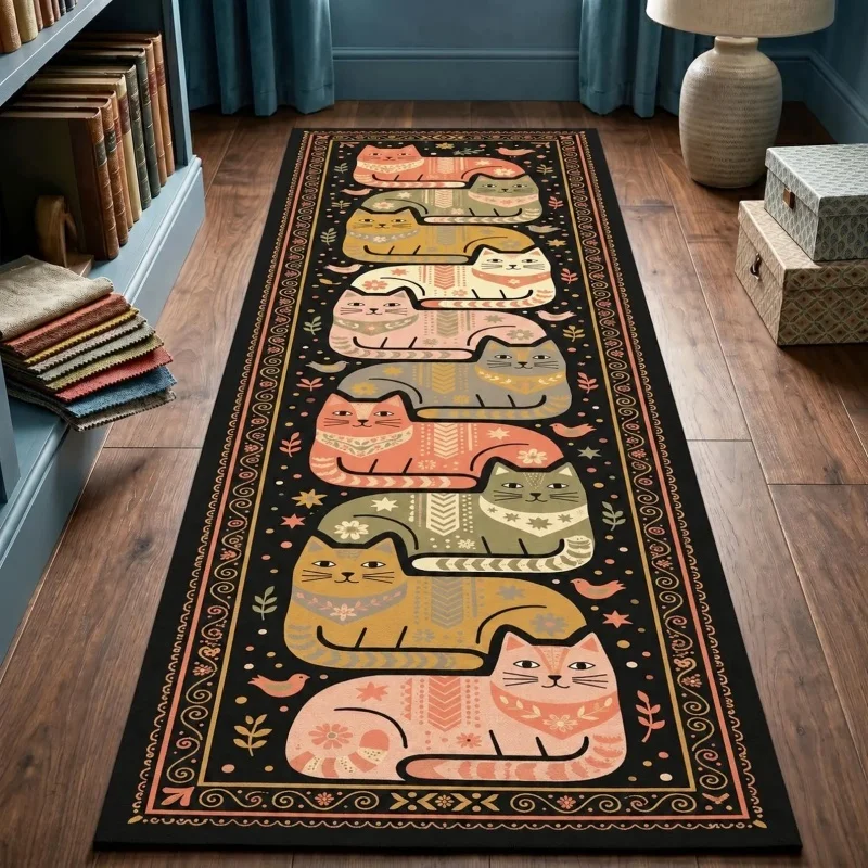 Retro Colorful Lying Cat Star Print Felt Runner Rug Non Slip Black Background Long Kids Bedroom Floor Mat