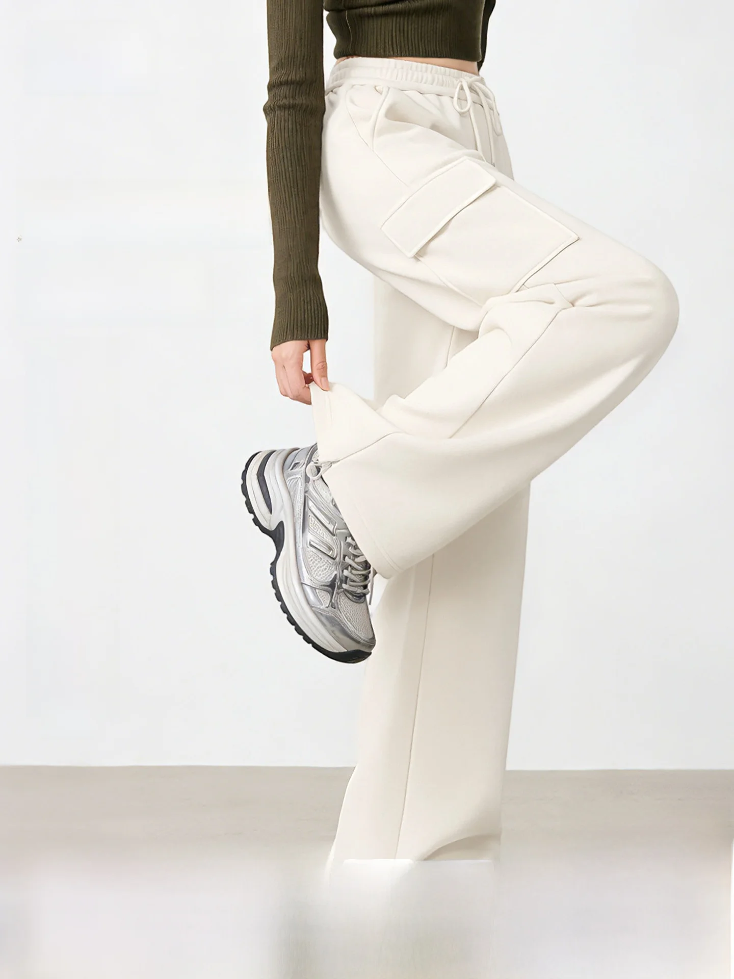 

Thickened Fleece Lined Casual Pants Women's Autumn Winter Warm Stylish High Waist Wide Leg Straight Tube Trousers