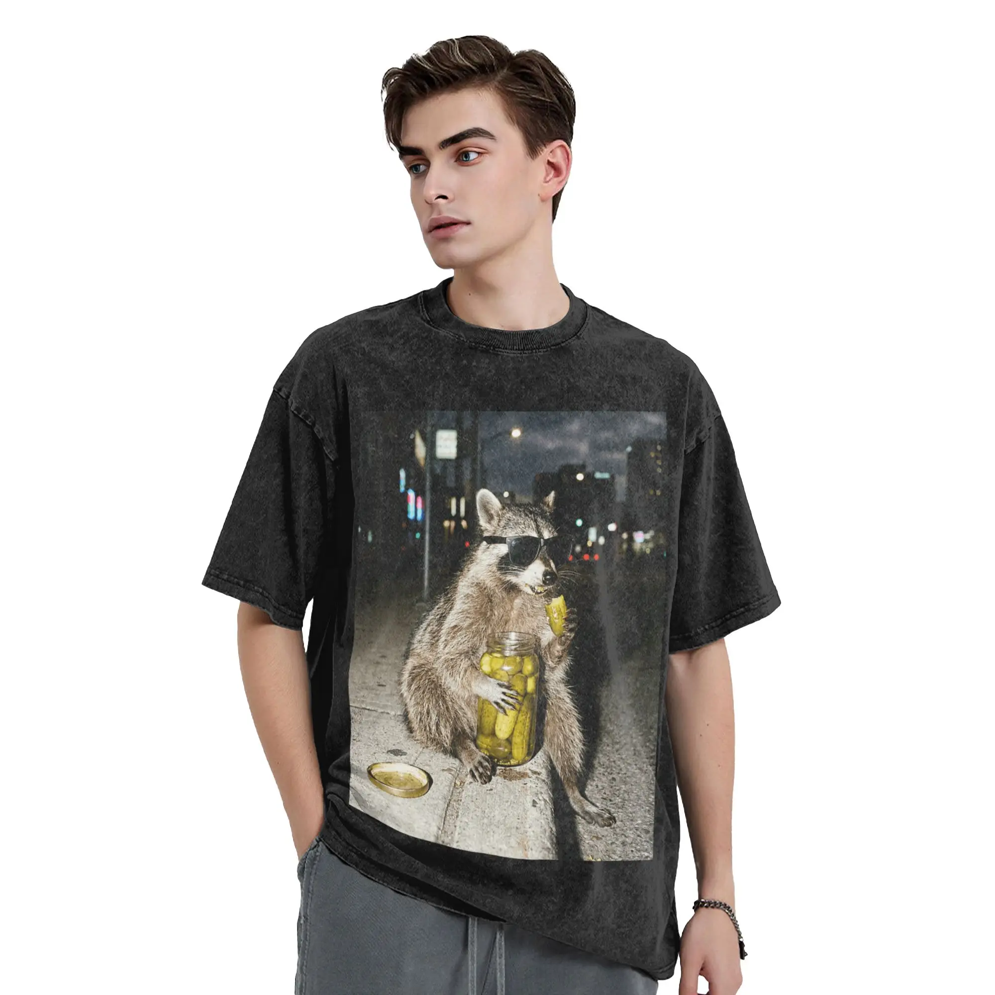 Fun Funny Raccoon Eating Pickles Meme T-Shirt Men Round Neck Pure Cotton Washed T Shirts  Short Sleeve Shirt Plus Size Clothes