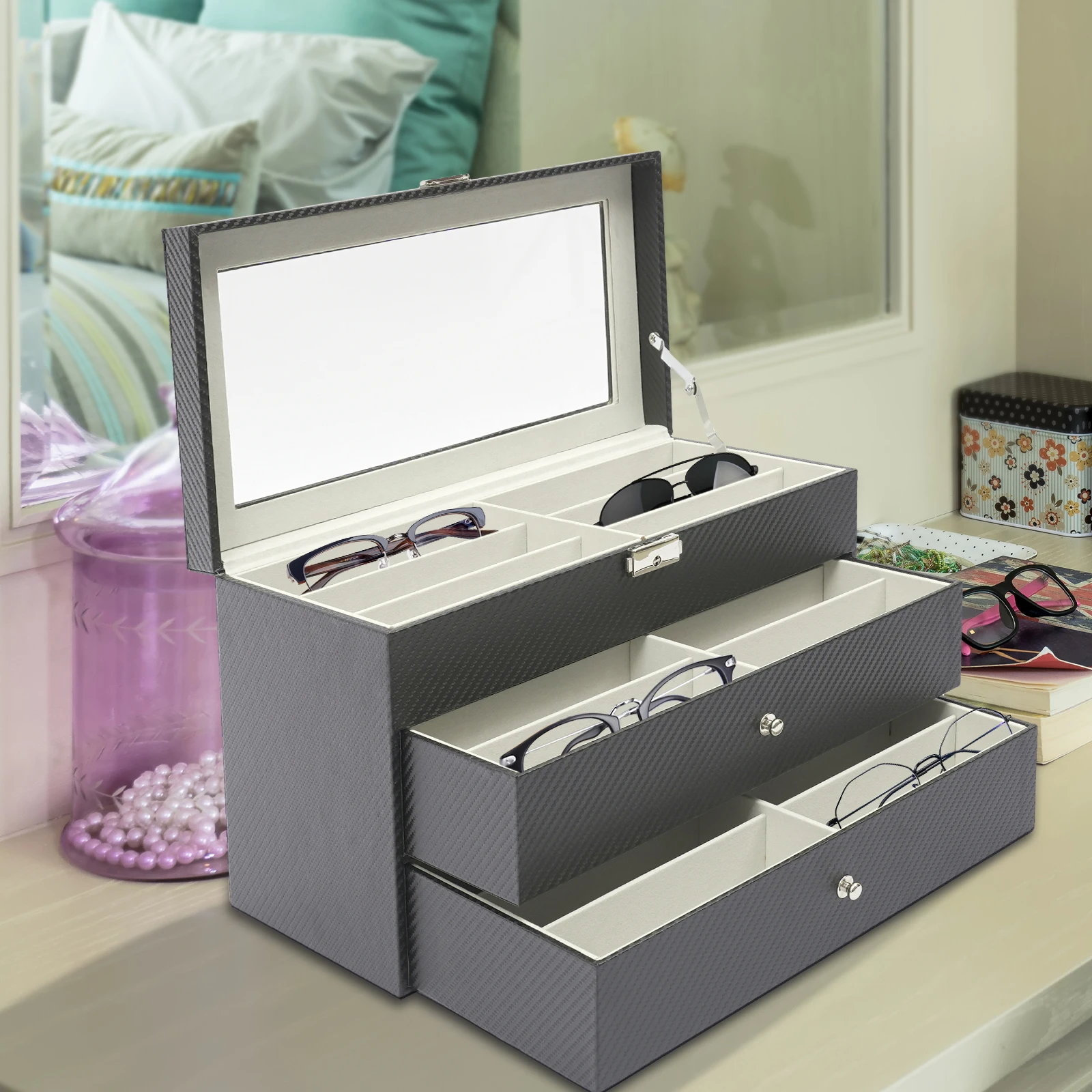 Leather Black Display Case Storage Box 3 Layers 18 Slots Sunglasses Eyeglass Organizer Drawer Type