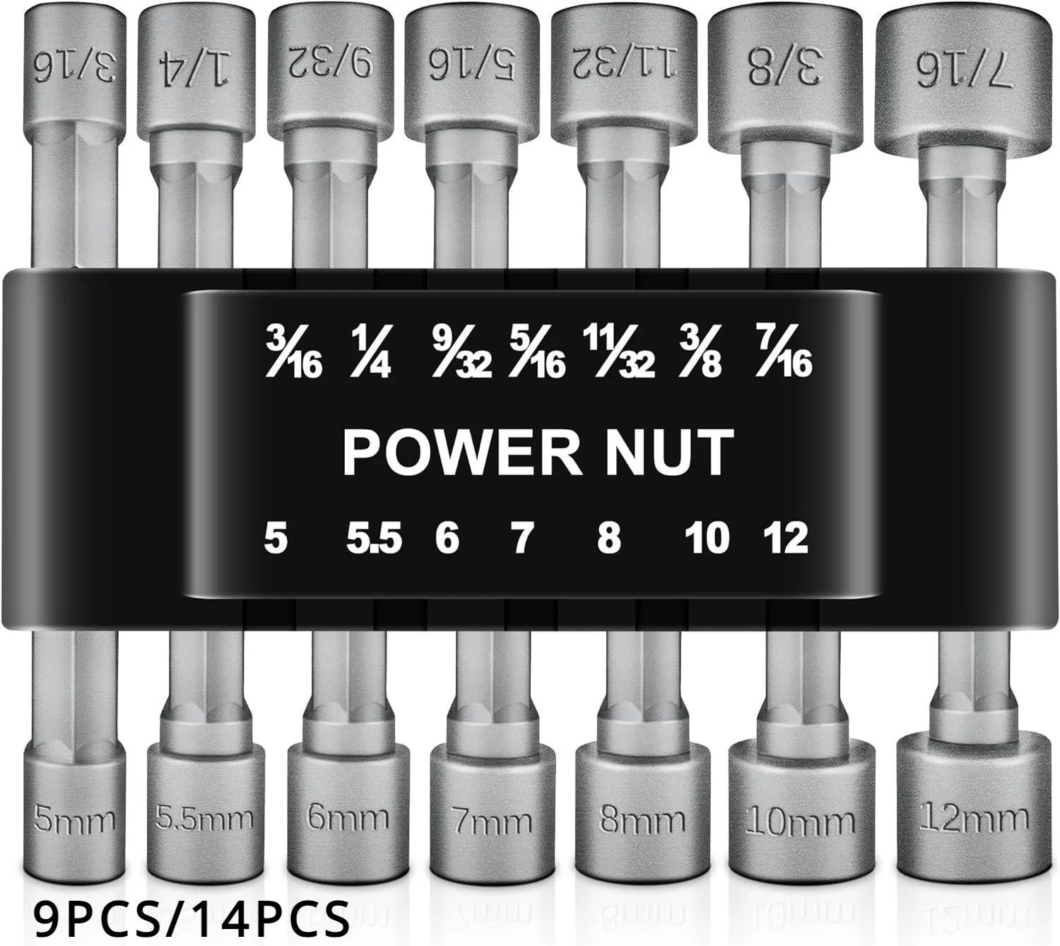 9/14 Piece Power Nuts Driver Drill Bit Tools Set, 1/4 inch Driver Hex Metric & SAE Socket Wrench Screw for Power Tools