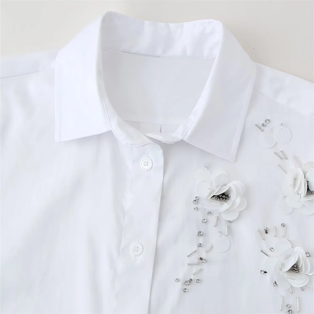 UNIZERA 2024 Summer New Women\'s Fashion Style Polo Collar Long Sleeves Asymmetric Hem Flower and Jewelry Decorative Shirt