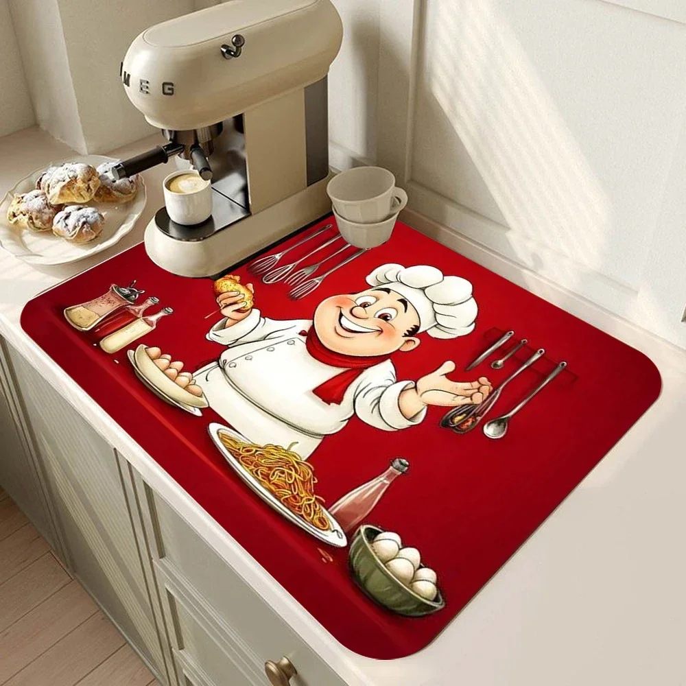 Funny Chef Print Kitchen Mats Dish Drying Mat Anti Slip Tableware Placemat Coffee Rug Kitchen Supplies Retro Home Decoration