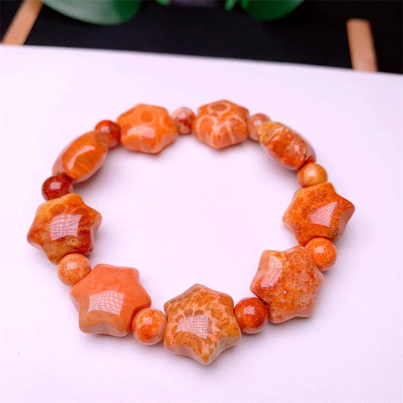 Natural Coral Jade Star Bracelet Yoga Reiki Healing Fengshui Stretch Bangles Female For Women Man Gift 1PCS