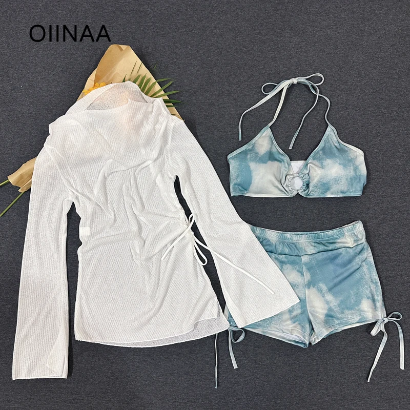 

OIINAA Three-piece Swimsuit Women Spice Girls Bikini Set Korean Hot Spring Swimwear Long Sleeve Drawstring Cover-Ups Summer 2025