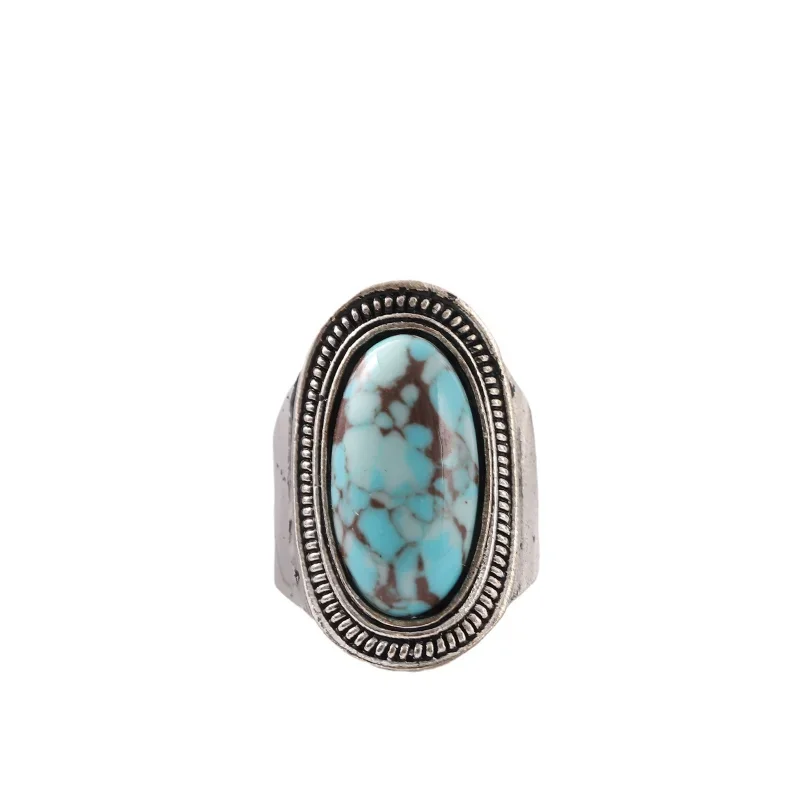 Bohemian Ethnic Style Large Imitation Turquoise Ring Women\'s Personality Vintage Jewellery Accessories Daily Versatile Ring