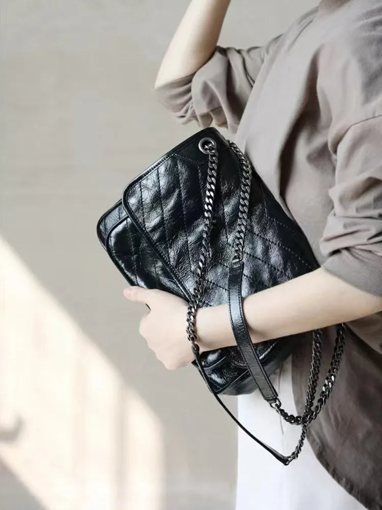 Fashion Women Cowhide Genuine Leather Shoulder Chain Crossbody Bags Flap Satchels Female Vintage Oil Wax Leather Messenger Bag