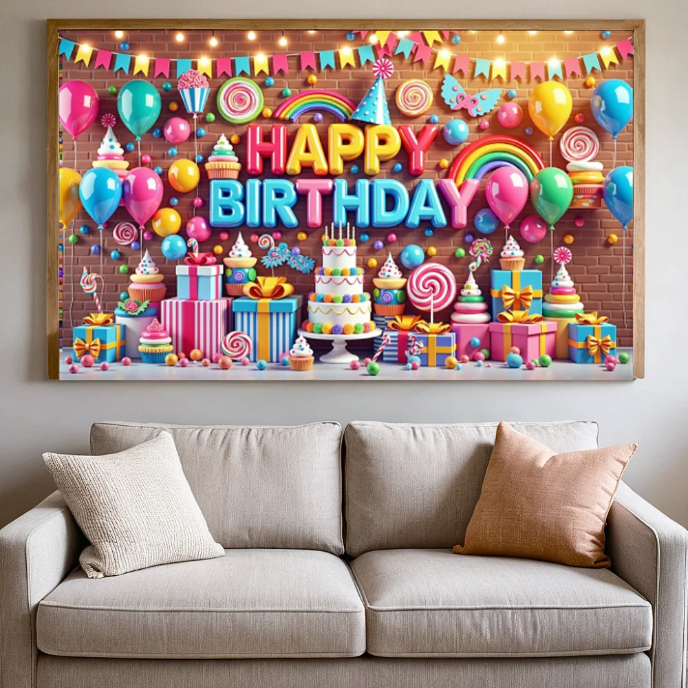 Aniversário feliz banner pano de fundo balões coloridos presentes bolo tema fantasia pano de fundo aniversário pendurado decoração suprimentos