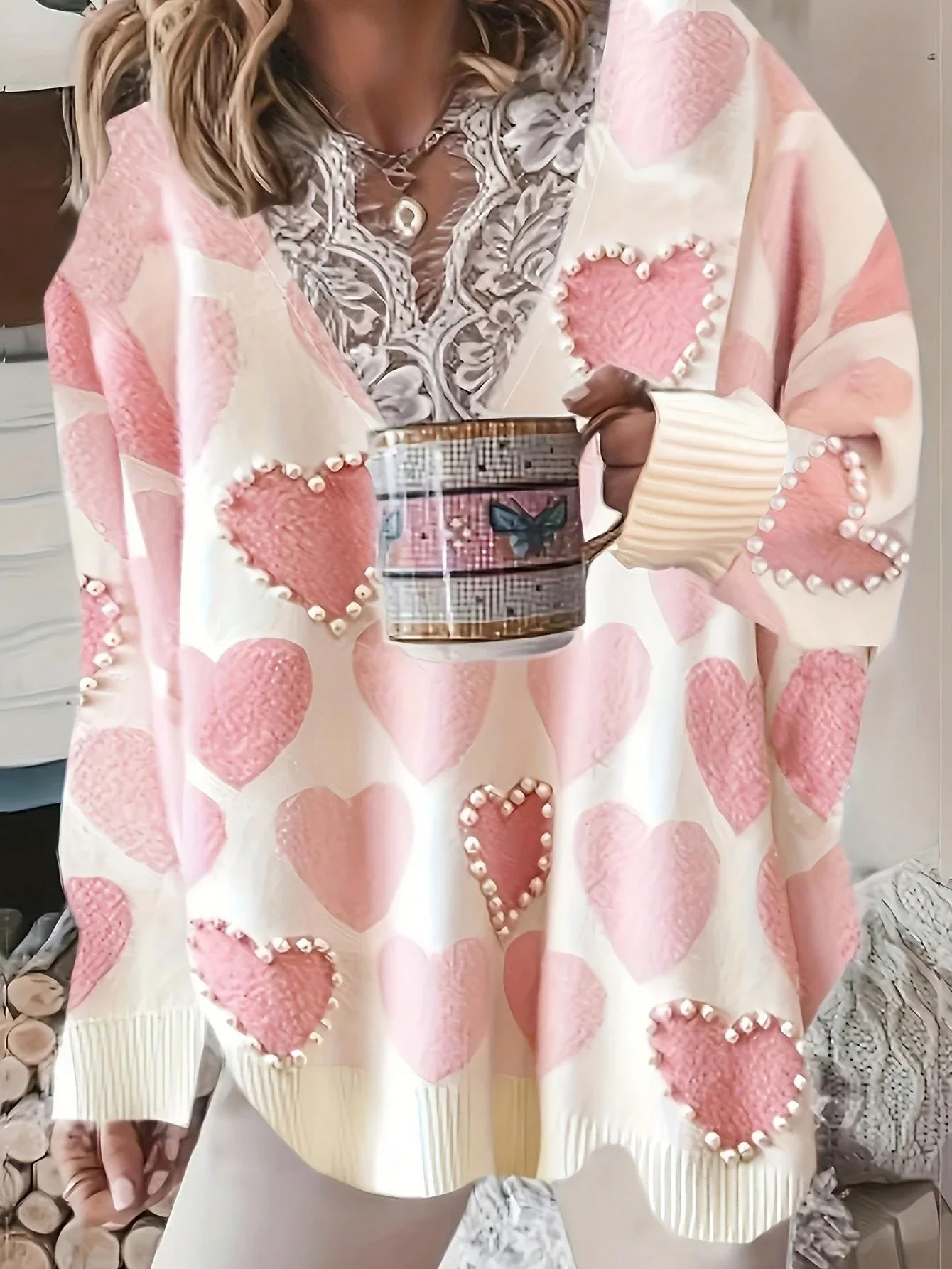 

Plus Size Casual Heart Intarsia Beaded Knit Sweater Autumn Winter Pink
