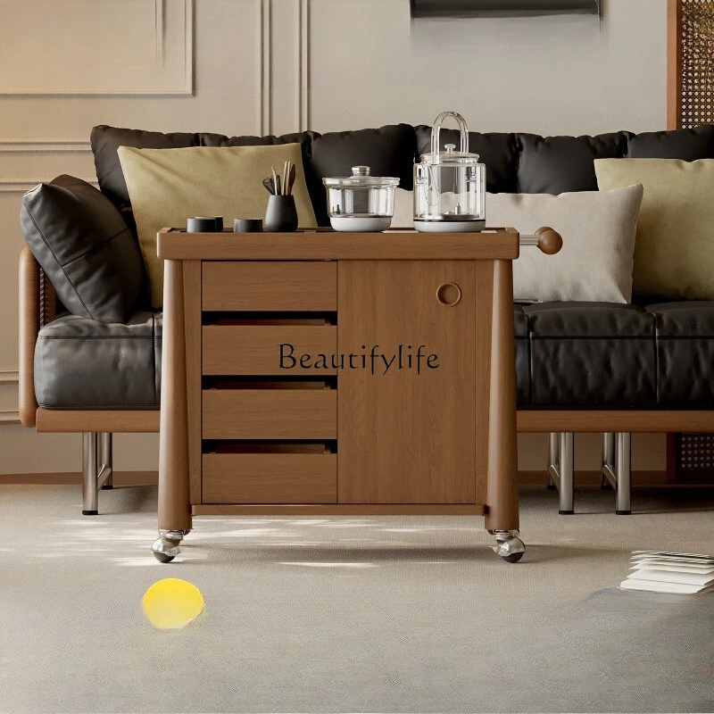 

Removable tea table trolley retro cherry wood rock slab tea side cabinet