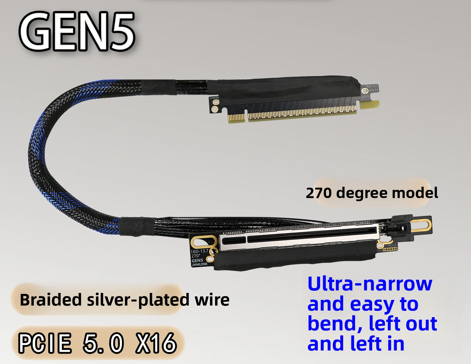

PCIE 5.0 X16 Left Right GPU Cable 270 Degree Narrow Sleeved Silver Plated High Speed