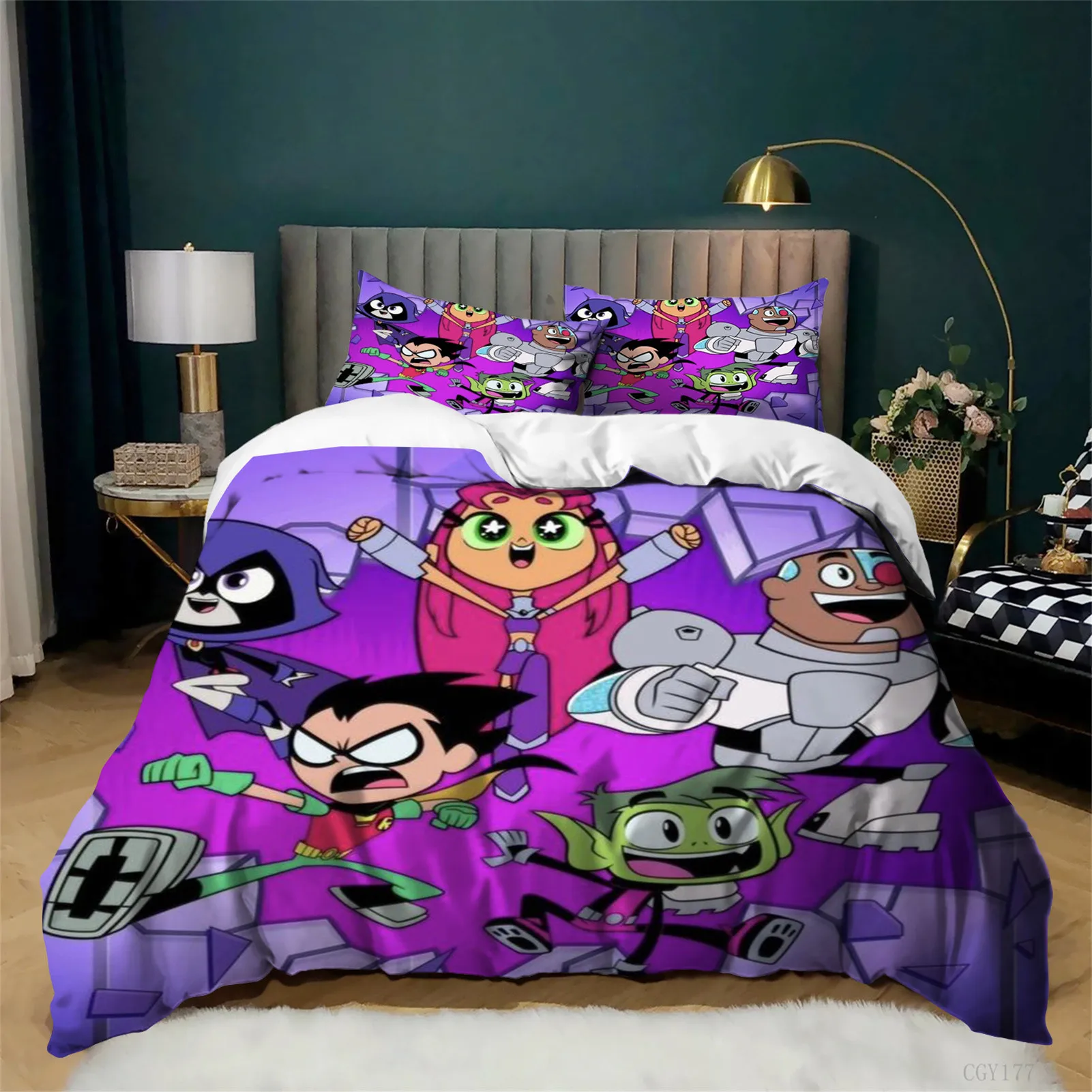 

Дышащий комплект постельного белья Teen Titans Go, 3 предмета, с мультяшным рисунком, мягкий, всесезонный, легкий пододеяльник, декор для детской спальни