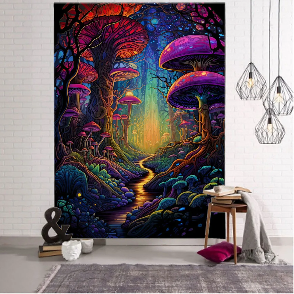 

Psychedelic forest tapestry cartoon starry sky mushroom wall hanging home background cloth children's bedroom wall decoration