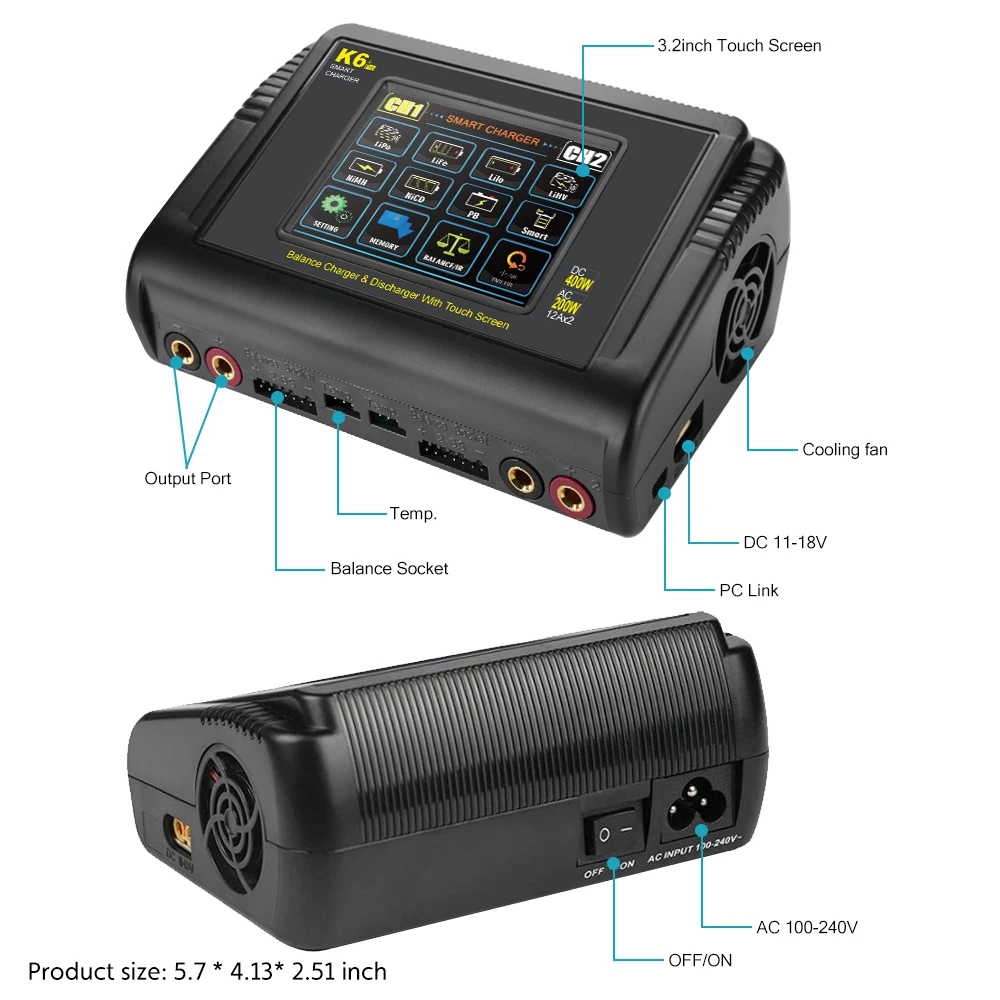 HTRC K6+Pro nabíječka LiPo baterií DC 400W AC 200W nabíječka/vybíječka pro LiHV LiFe Li-Ion NiCd NiMh Pb LiPo baterie RC nabíječka - náhled 6