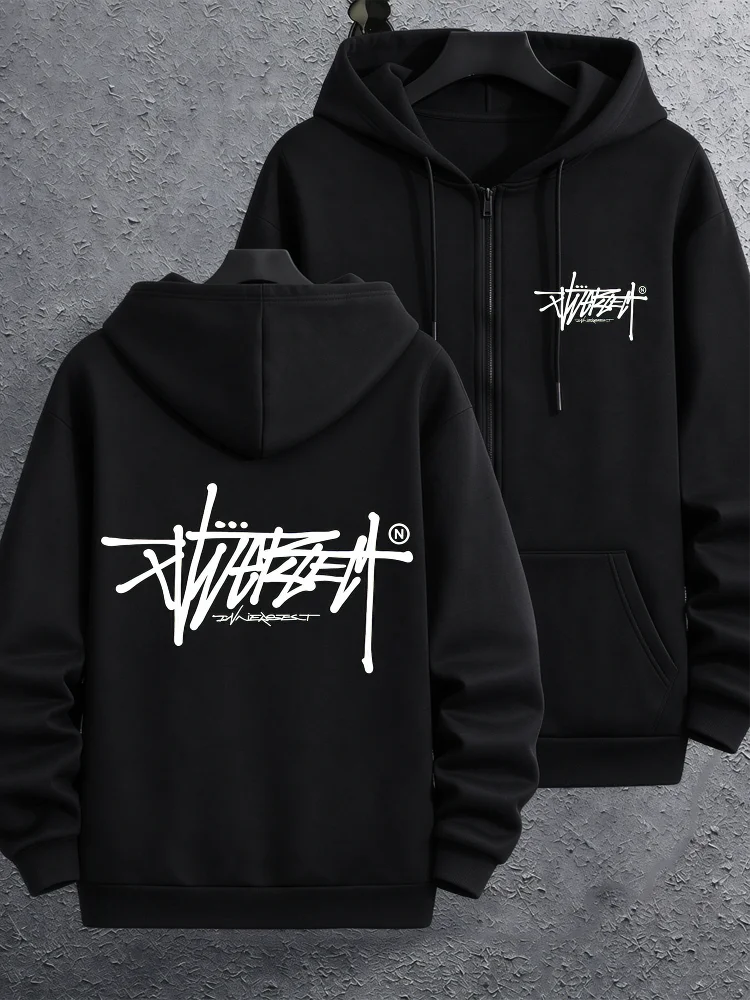 Moletom com zíper para homem, estilo streetwear, com slogan escrito à mão, letras, fleece, Y2K, vintage, para treino atlético, quente, folgado, roupa 