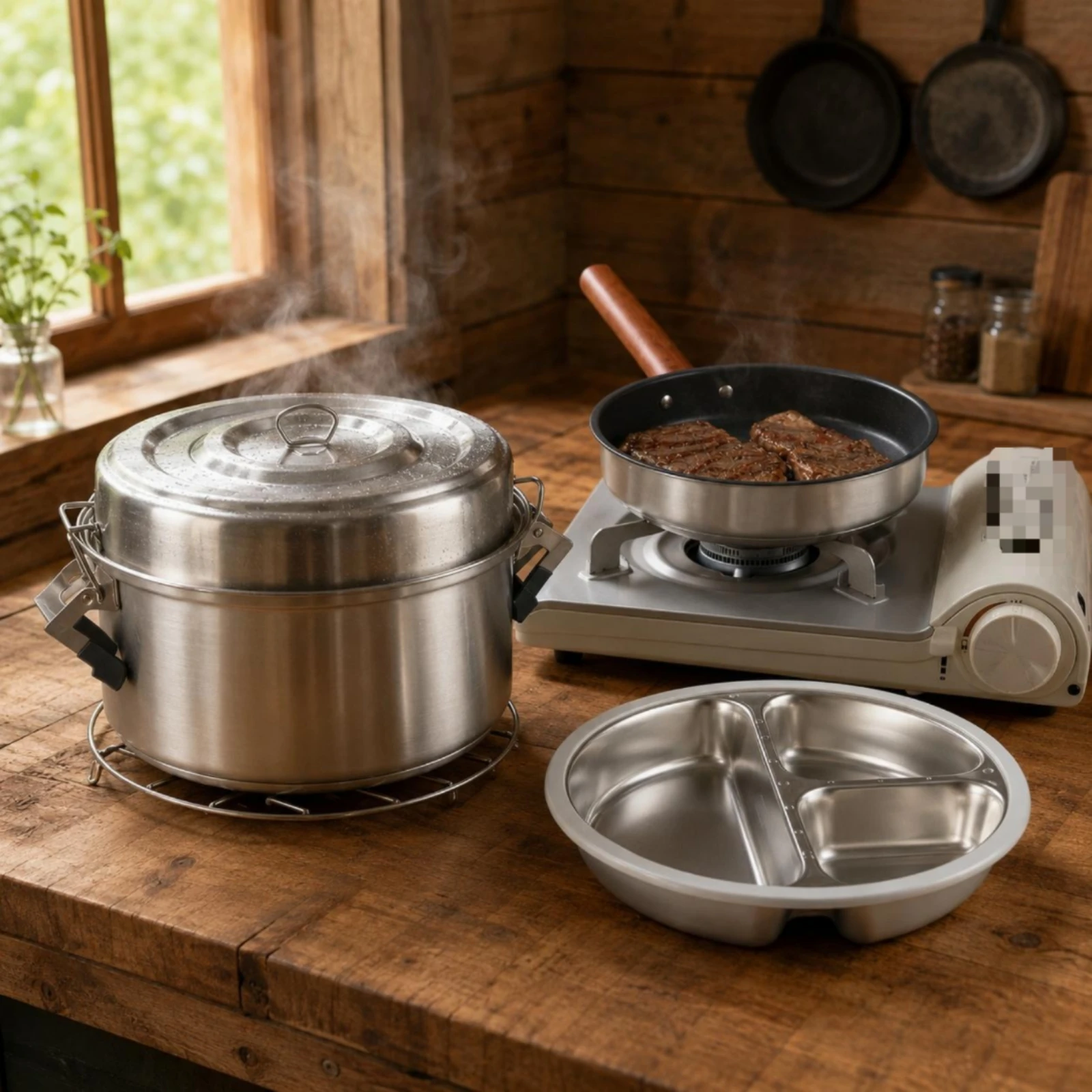 

3 Pieces Camping Cookware Set Lid Camping Pot and Pan Set Outdoor Gear Side Handles Silver Metal Finish for Campers