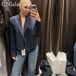 Blazer listrado solto para mulheres, jaqueta cortada, casaco de escritório, casacos casuais, novo, outono, 2024